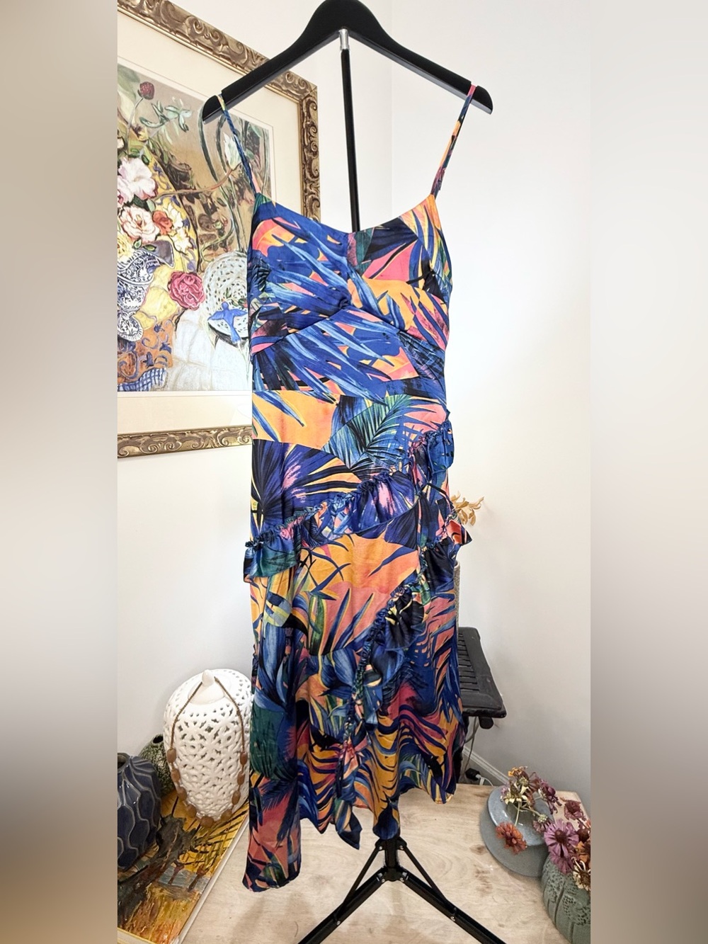 Romeo + Juliet Couture Dress M Tropical Floral Ruffle Asymmetrical Midi Maxi